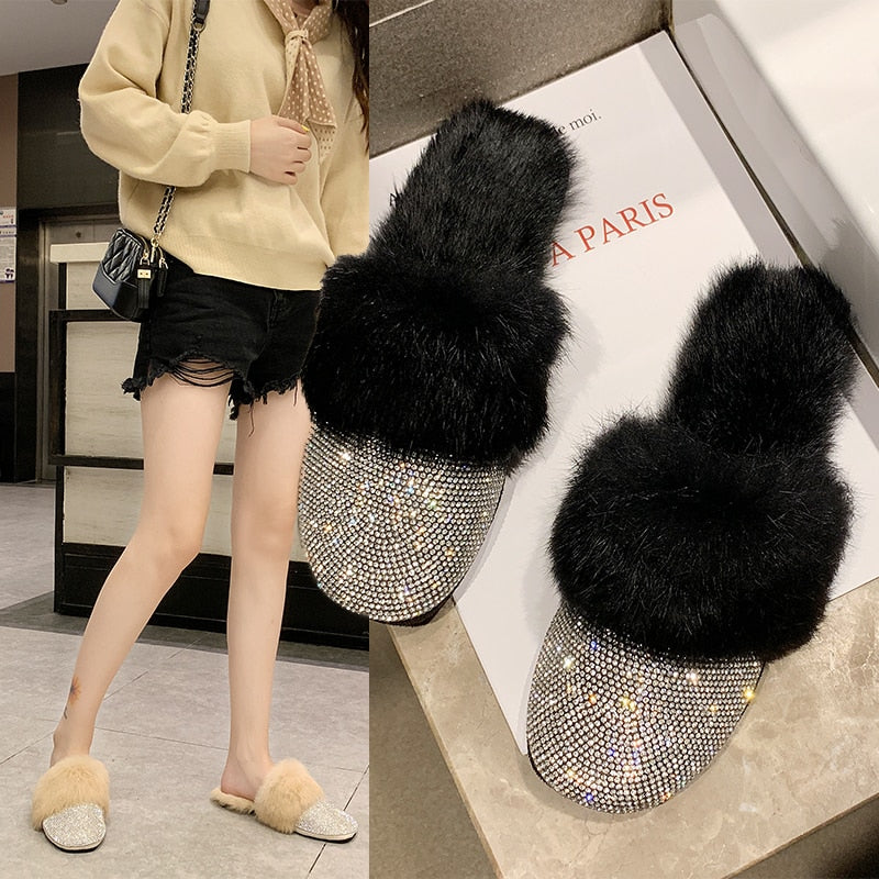 Big Size Slippers Female Ladies Designer Shoes Women Luxury 2023 Rhinestone Fur Crystal Slides Mules Slippers Furry Lady Shoes - Executive-Skincare