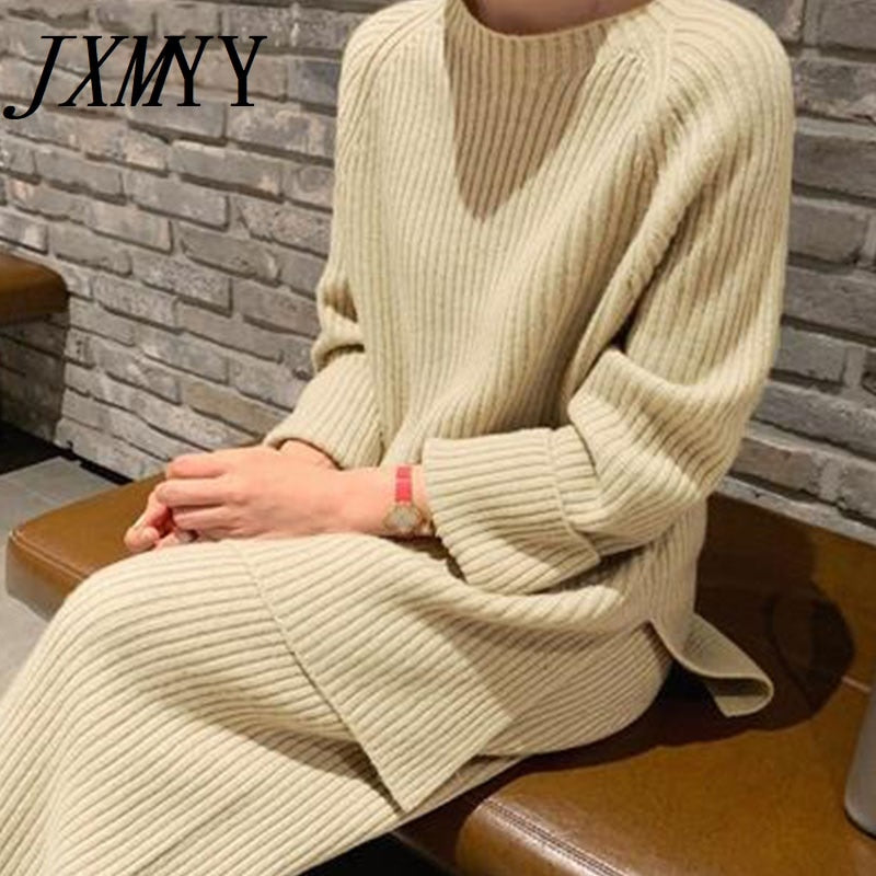 JXMYY 2022 New Fashion Winter Women&#39;s Thicken Warm Knitted Pullover Sweater Two-Piece Suits +High Waist Loose Wide Leg Pants Set - Executive-Skincare