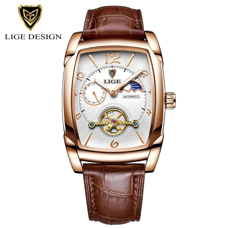 LIGE Top Brand Luxury Mens Watches Square Automatic Watch for Men Tourbillon Clock Genuine Leather Waterproof Mechanical Watch - Executive-Skincare