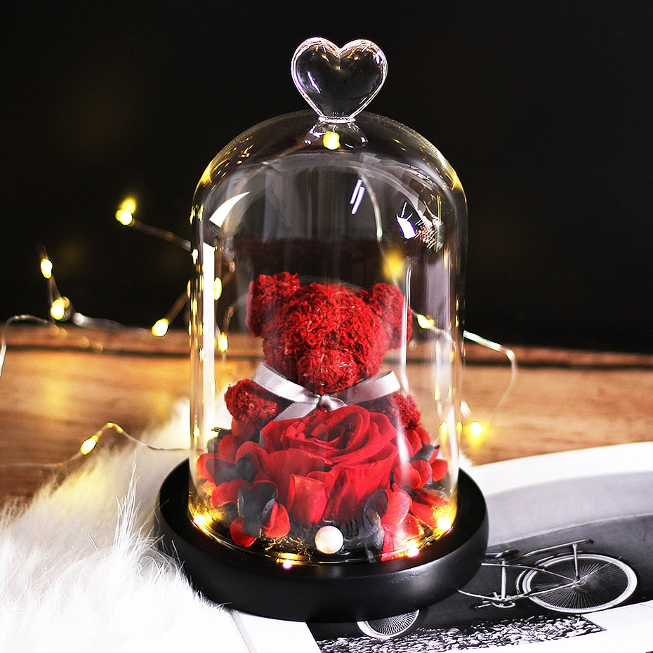 The Beautiful and the Beast Teddy Bear Rose Decor Natural Dried Flowers In Glass Dome LED Mother&#39;s Valentine&#39;s Day Wedding Gift - Executive-Skincare