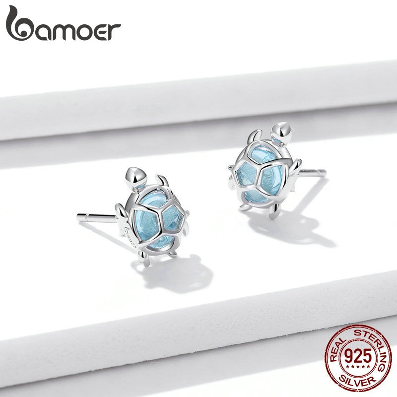 bamoer Ocean Blue Turtles Stud Earrings for Women 925 Sterling Silver Glass and CZ Studs Jewelry Girl Birthday Gifts BSE406 - Executive-Skincare