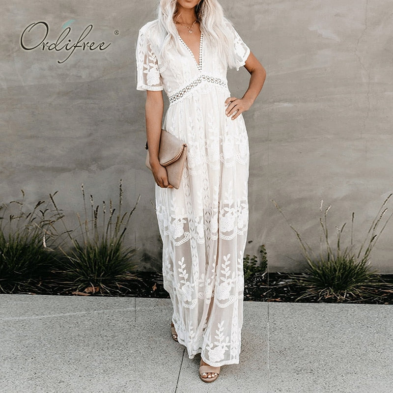 Ordifree 2022 Summer Boho Women Maxi Dress Loose Embroidery White Lace Long Tunic Beach Dress Vacation Holiday Clothes - Executive-Skincare