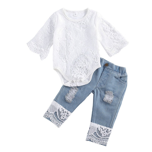 lioraitiin New 0-24M Baby Girls Fall Clothes Long Sleeve Lace Romper Suit Triangle Crotch Lace Top  Hole Long Jeans 2Pcs Outfit - Executive-Skincare