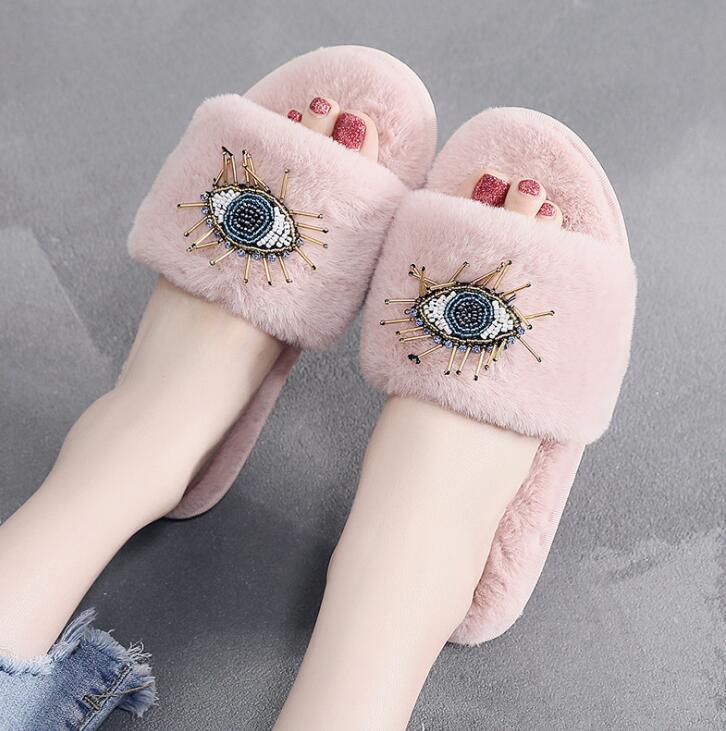 Big Eyes Decoration Fur Slippers Women Flats Winter Home Cotton Slippers Femme Rhinestone Eye Plush Flip Flops Women Shoes s655 - Executive-Skincare