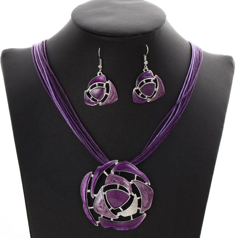 MINHIN Retro Wedding Jewelry Set Leather Multi Ropes Geometry Pendant Necklaces Earrings Sets Women Rhinestone Jewelry Sets - Executive Quality Store