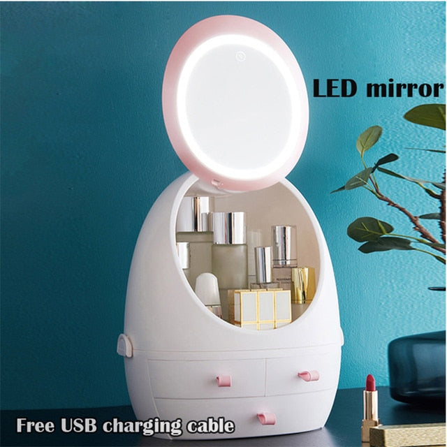 New Cosmetic Storage Box With Mirror Led Light Desktop Makeup Jewelry Beauty Case Dust-Proof Drawer Organizer For Cosmetics - Executive-Skincare