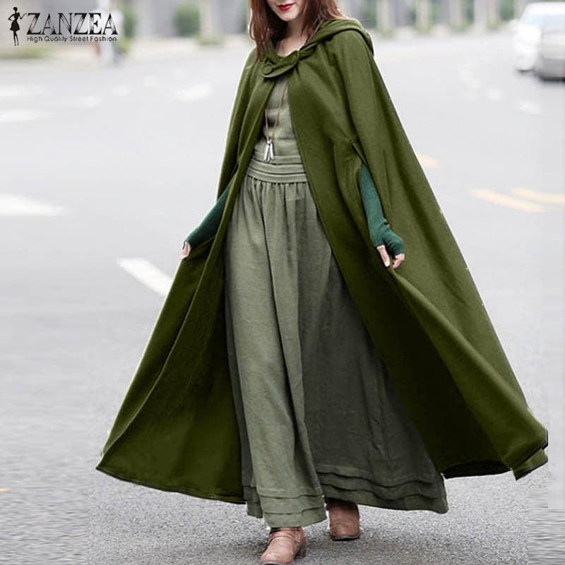 ZANZEA Women Poncho Winter Hooded Open Front Cloak Loose Solid Long Coat Hoodies Cosplay Outwear Christmas Casual Cape - Executive-Skincare