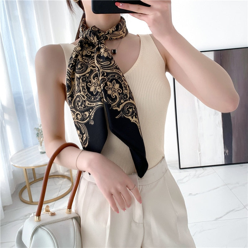 Expensive Brand 2022 New 90x90CM Luxury Lattice Geometric Silk Scarf Women's Retro F Print Fashion Square Bandana Headscarf Tie - Executive-Skincare