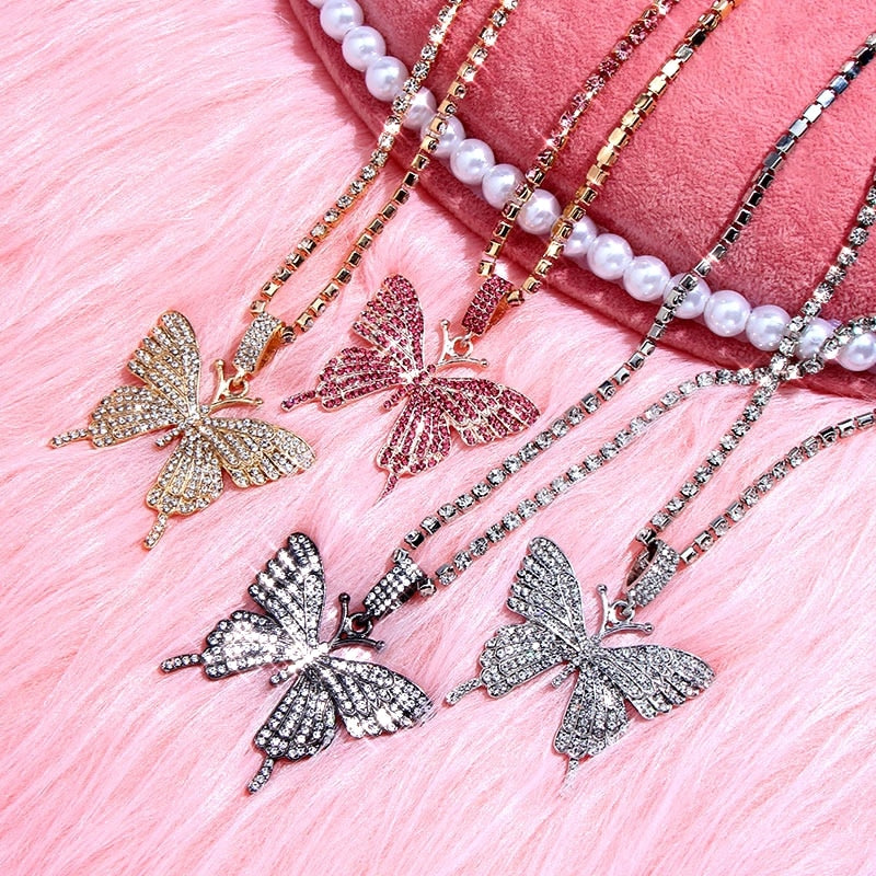 Statement Big Butterfly Pendant Necklace Rhinestone Chain for Women Bling Tennis Chain Crystal Choker Necklace Party Jewelry - Executive-Skincare