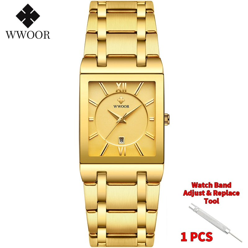 Relogio Masculino WWOOR Gold Watch Men Square Mens Watches Top Brand Luxury Golden Quartz Stainless Steel Waterproof Wrist Watch - Executive-Skincare