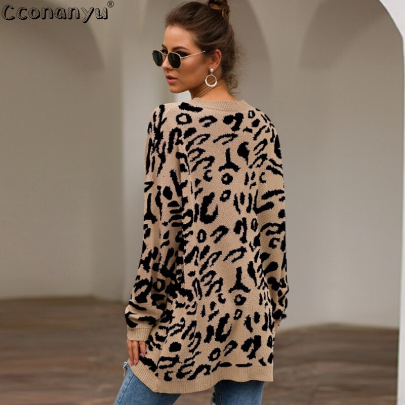 2019 Autumn winter clothing ladies long sweater fashion womens loose pullovers and sweaters leopard print knitted sweater - Executive-Skincare