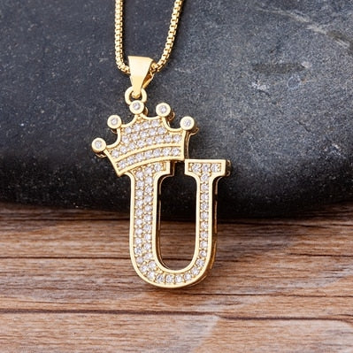 Nidin New Luxury Copper Zircon A-Z Crown Alphabet Pendant Chain Necklace Hip-Hop Style Fashion Woman Man Initial Name Jewelry - Executive-Skincare