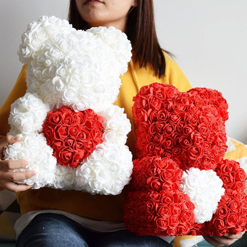 40cm Rose Bear Heart Artificial Flowers Red Rose Bear For Women Valentine&#39;s Wedding Birthday Christmas Gift Home Decoration - Executive-Skincare