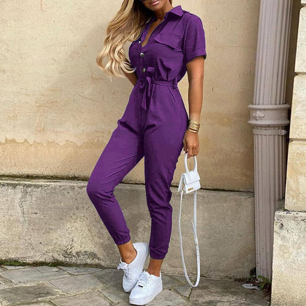 Fashion Women Jumpsuit Solid Color Summer Casual Lapel Printed Belt Work Overalls Ladies New Hot Selling Button Long Jumpsuit - Executive Quality Store