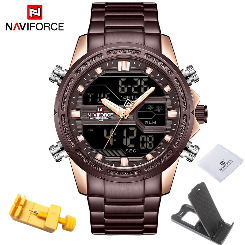 NAVIFORCE Watches for Men Luxury Brand Digital Chronograph Sport Quartz Wristwatch Waterproof Military Steel Band Luminous Clock - Executive-Skincare