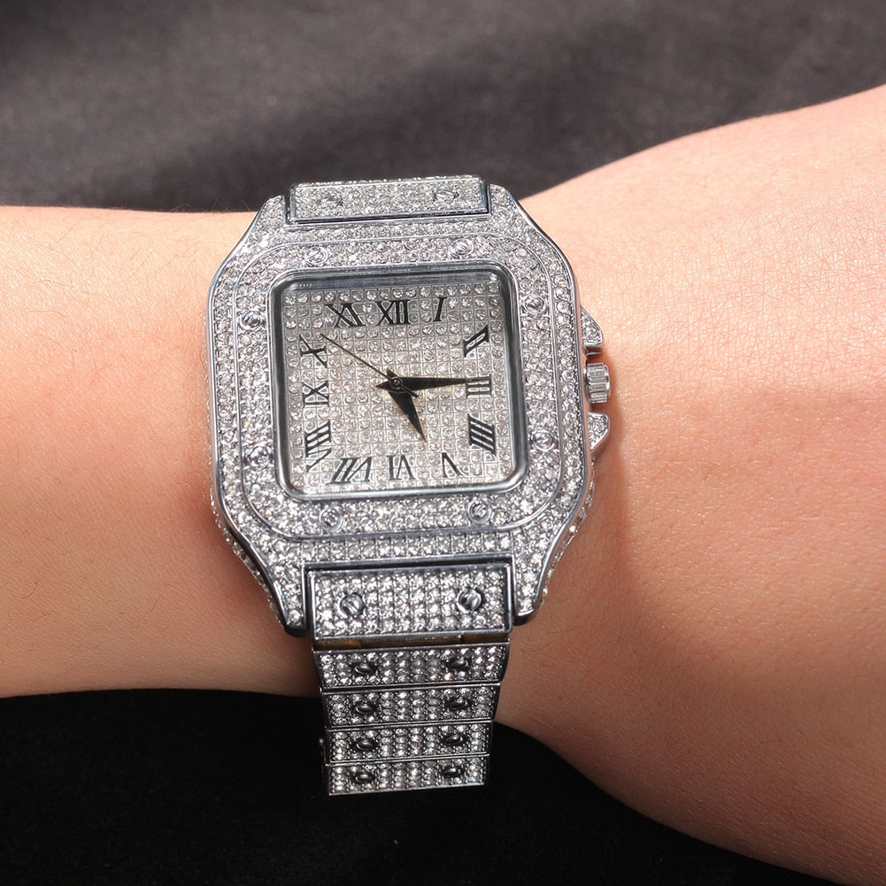 Hip Hop Full Iced Out Full Drill Men Square Watches Stainless Steel Fashion Luxury Rhinestones Quartz Square Business Watch - Executive-Skincare