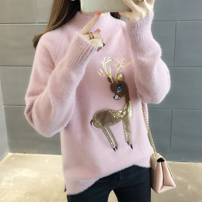 Cute Sweater Korean Reindeer Ugly Christmas Sweater Women Winter Warm Sweaters Fluffy Cashmere Jumper Turtleneck Pullover 2022 - Executive-Skincare