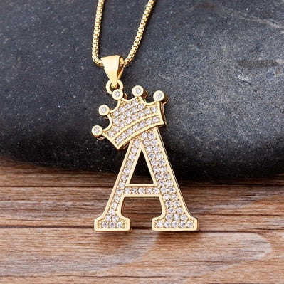 Nidin New Luxury Copper Zircon A-Z Crown Alphabet Pendant Chain Necklace Hip-Hop Style Fashion Woman Man Initial Name Jewelry - Executive-Skincare