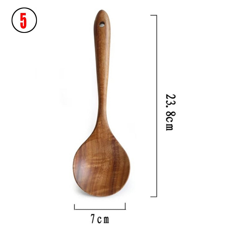 7pcs/set Teak Natural Wood Tableware Spoon Ladle Turner Rice Colander Soup Skimmer Cooking Spoon Scoop Kitchen Reusable Tool Kit - Executive-Skincare