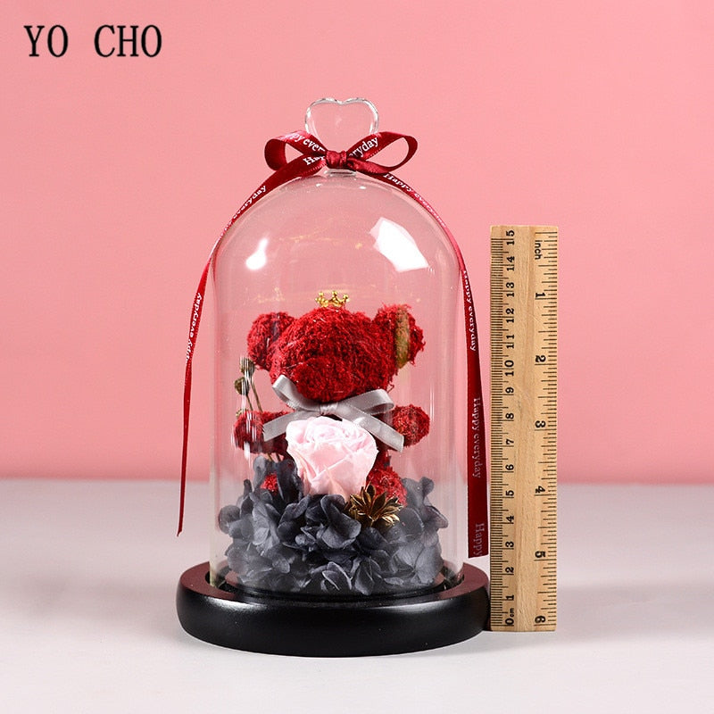 YO CHO Eternal Real Rose Moss Teddy Bear in Glass Dome Valentines Gift LED Light Immortal Rose Preserved Flower Birthday Gift - Executive-Skincare