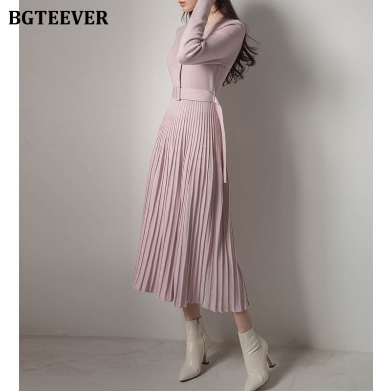 BGTEEVER Elegant V-neck Single-breasted Women Thicken Sweater Dress 2021 Autumn Winter Knitted Belted Female A-line soft dresses - Executive-Skincare