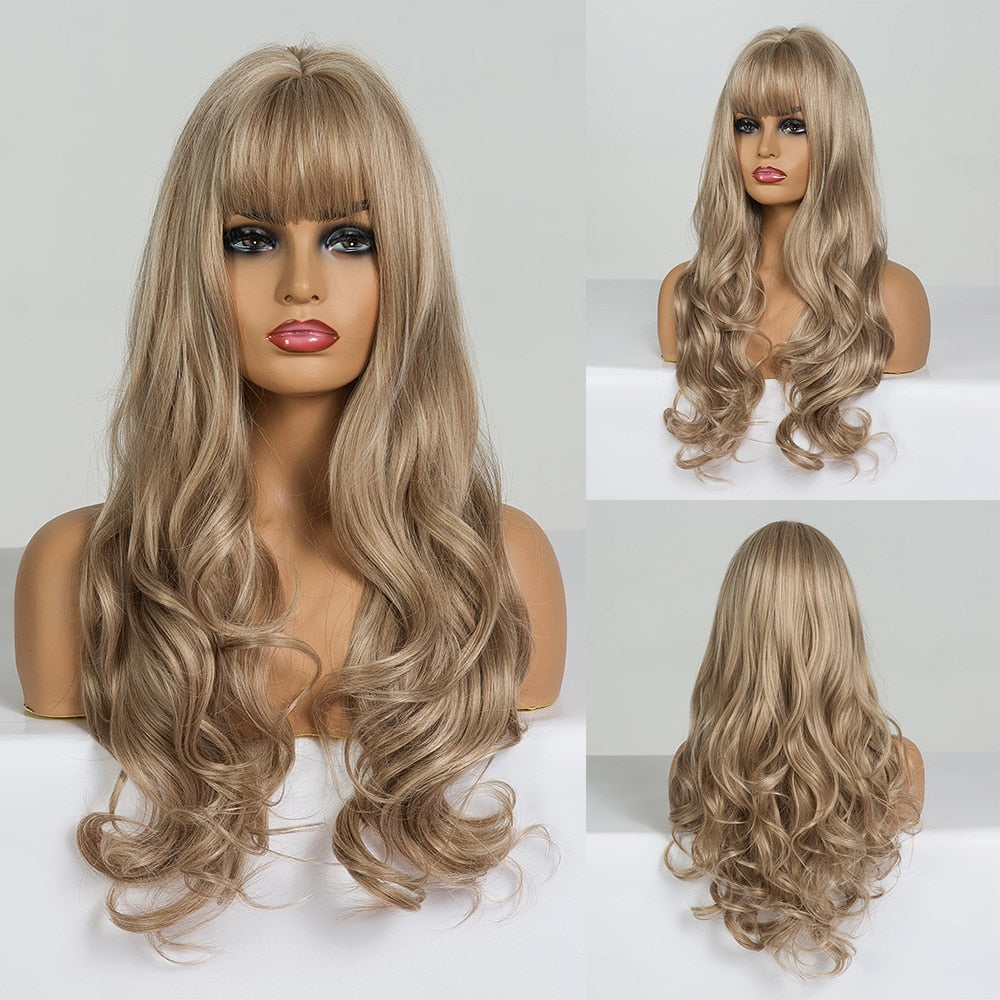 GEMMA Long Wavy Wigs with Bangs Black Brown Ombre Synthetic Heat Resistant Wigs For Women Girls Cosplay Party Daily False Hair - Executive-Skincare