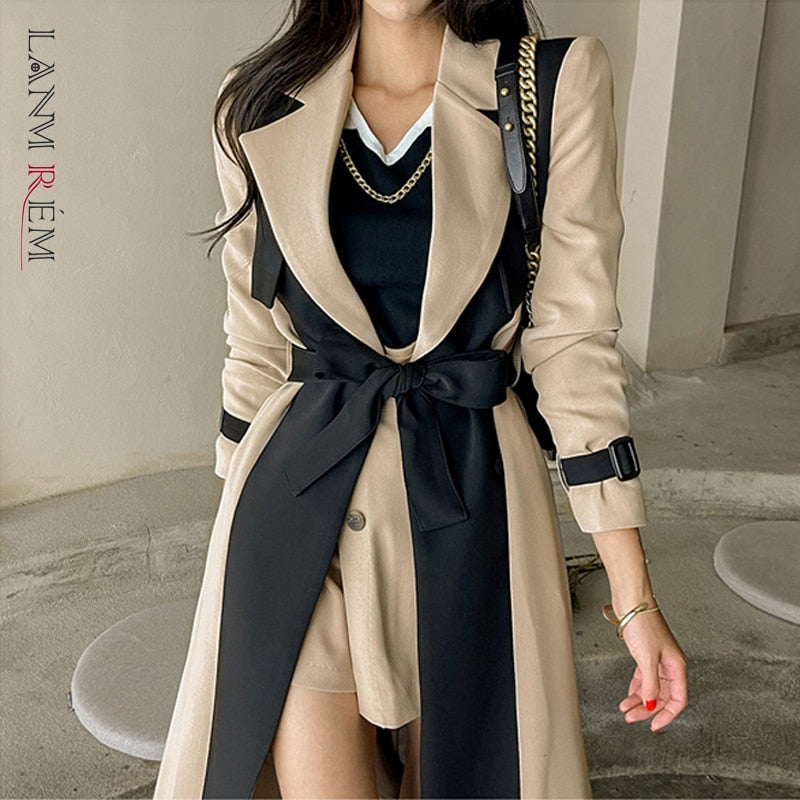 LANMREM Elegant Notched Collar Lady Patchwork Windbreaker Full Sleeve Buttons Belted Women Long Trench Coats 2022 Winter 2W1922 - Executive-Skincare