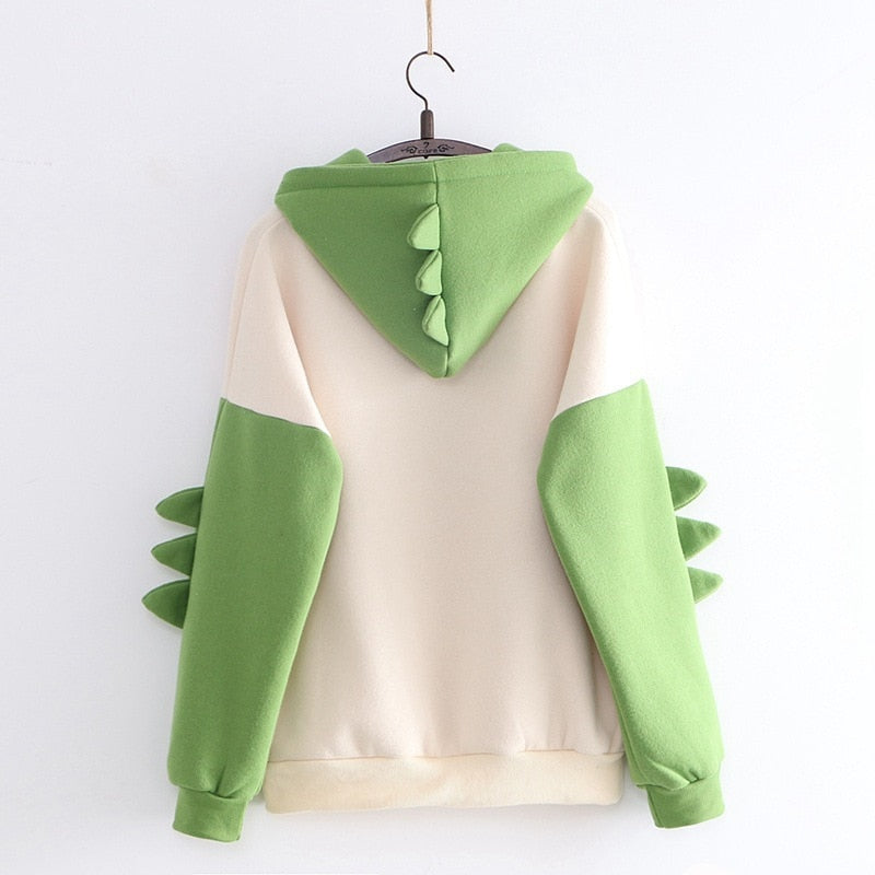 Winter dino hoodie Tops Dinosaur Oversized Cartoon Hoodie Women Fashion Sweatshirt Casual Print Korean Style Thicken Sweatshirt - Executive-Skincare