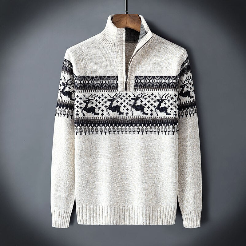 High Neck zipper Warm Winter Turtleneck Pullover Men Christmas deer Long Sleeve Sweater Knitwear Pullovers Knitted - Executive-Skincare