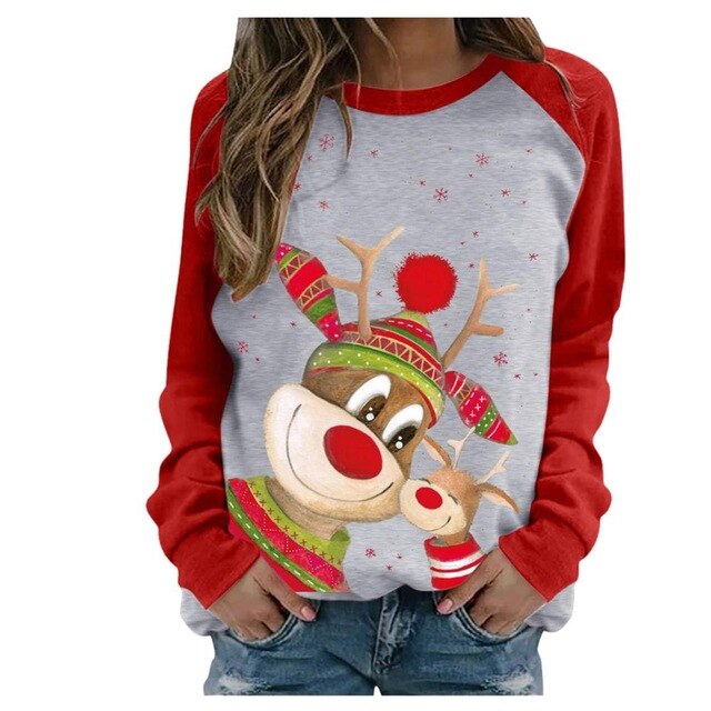 Funny Cute Elk Printing Long Sleeve Christmas Women T Shirt Harajuku S-2xl Cotton Woman Tshirts Graphic Aesthetic Shirt Female - Executive-Skincare