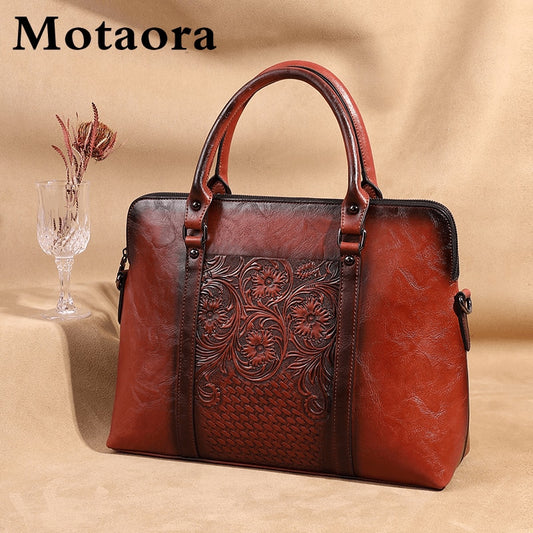 MOTAORA Women&#39;s Leather Handbag Large Capacity Vintage Shoulder Bags Female Retro Embossed Women Briefcase For 14 inch Laptop - Executive-Skincare