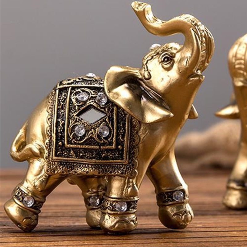 Golden Resin Elephant Statue Feng Shui Elegant Elephant Trunk Sculpture Lucky Wealth Figurine Crafts Ornaments For Home Decor - Executive-Skincare