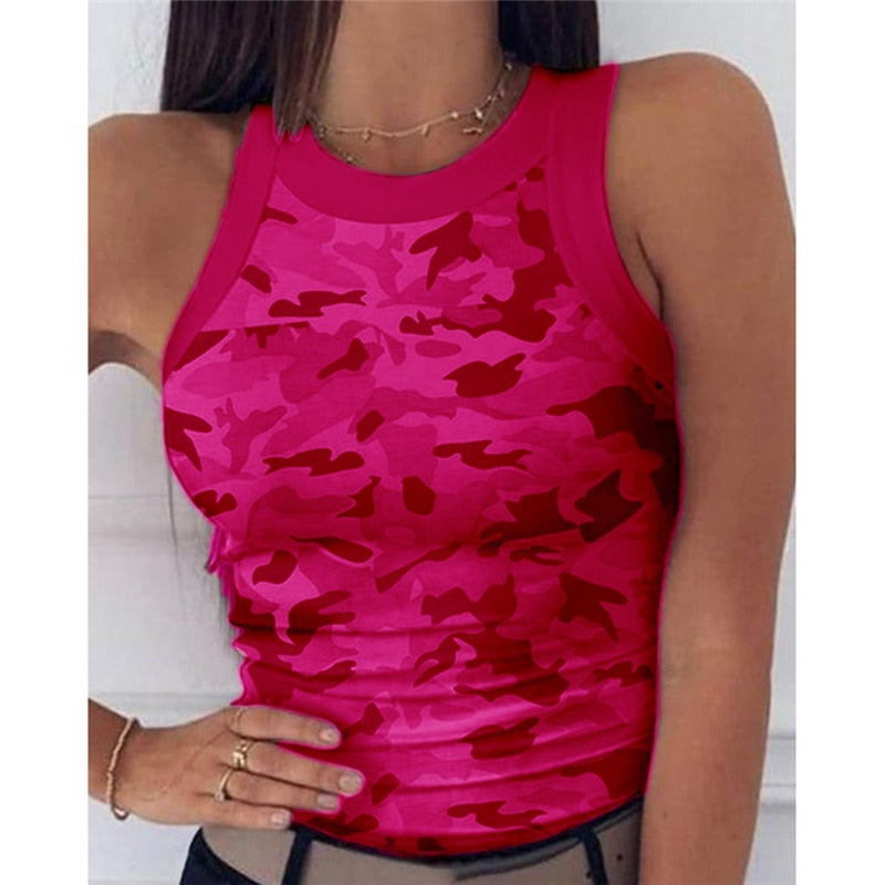 2022 Summer Women Print Top Fashion Women Casual Army Camo Camouflage Tank Sleeveless O-neck Slim Vest T-Shirts - Executive-Skincare