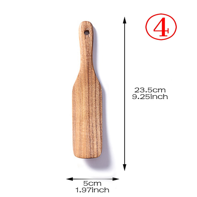 7pcs/set Teak Natural Wood Tableware Spoon Ladle Turner Rice Colander Soup Skimmer Cooking Spoon Scoop Kitchen Reusable Tool Kit - Executive-Skincare