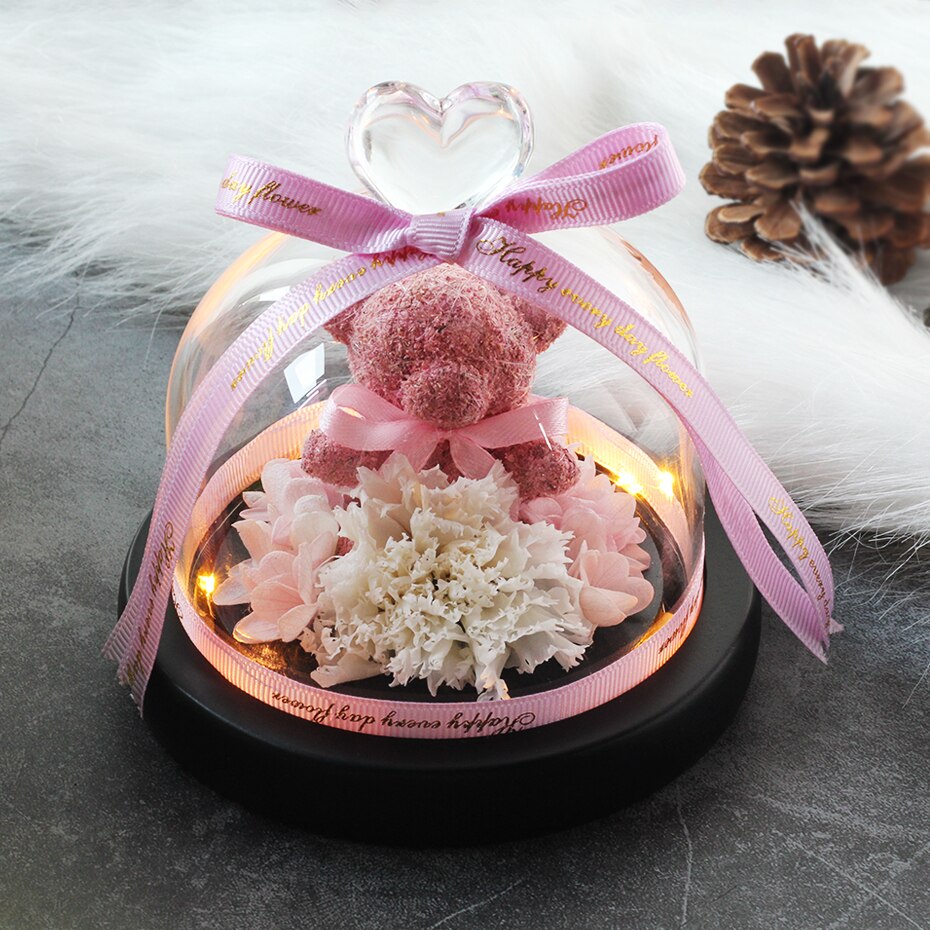 The Beautiful and the Beast Teddy Bear Rose Decor Natural Dried Flowers In Glass Dome LED Mother&#39;s Valentine&#39;s Day Wedding Gift - Executive-Skincare