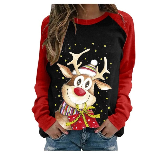 Funny Cute Elk Printing Long Sleeve Christmas Women T Shirt Harajuku S-2xl Cotton Woman Tshirts Graphic Aesthetic Shirt Female - Executive-Skincare