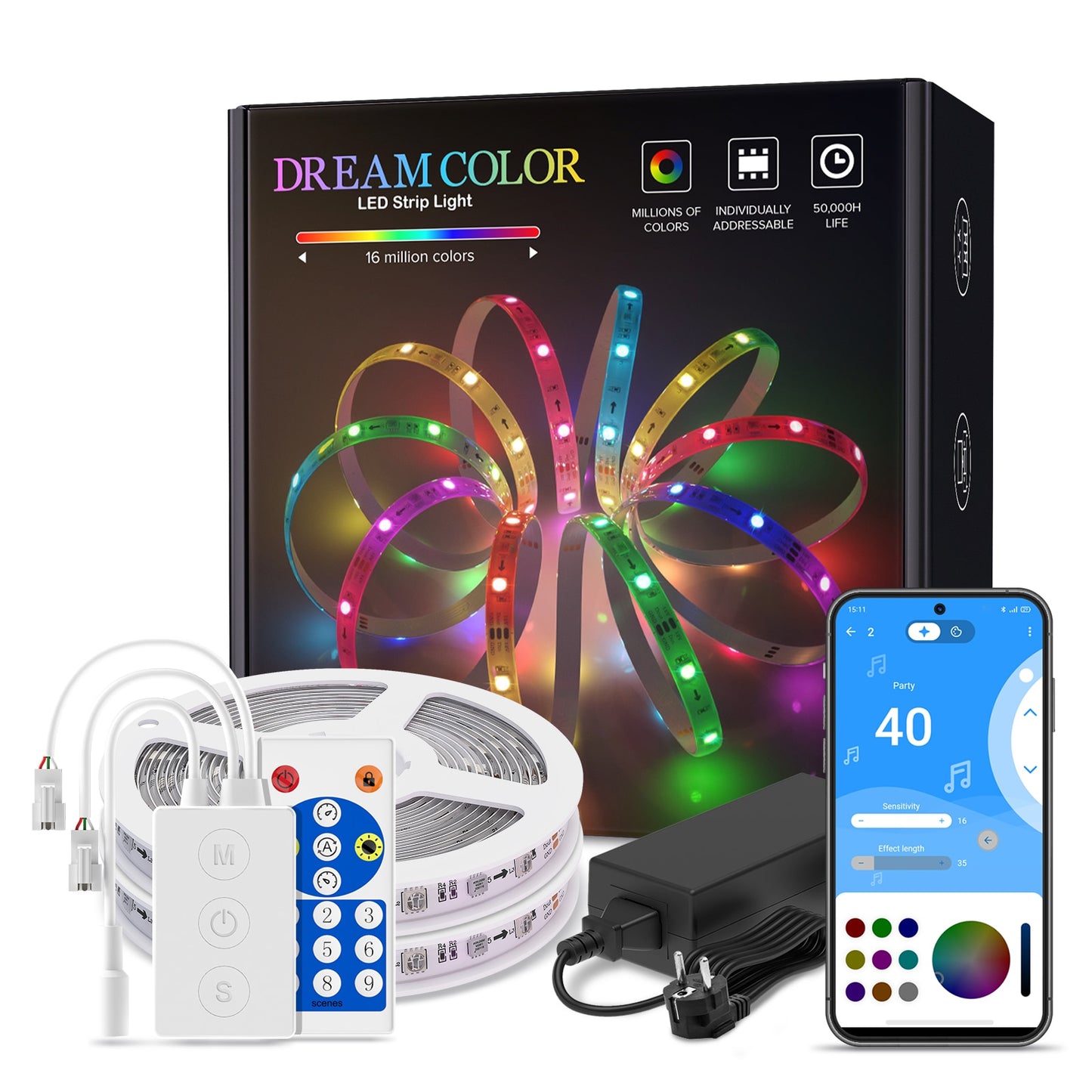 Dreamcolor LED Light Strip Bluetooth Music APP Control WS2811 WS2812B RGBIC Flexible Led Strip Room Bedroom Party Kitchen 5m-20m - Executive-Skincare