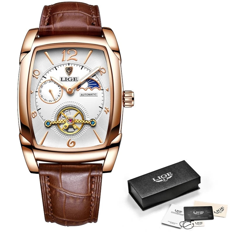 LIGE Top Brand Luxury Mens Watches Square Automatic Watch for Men Tourbillon Clock Genuine Leather Waterproof Mechanical Watch - Executive-Skincare