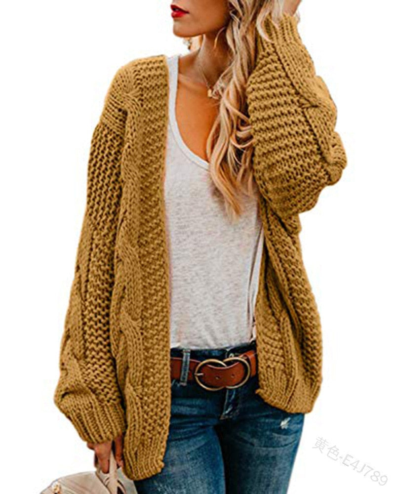 2021 spring and autumn new thick needle twist knit cardigan women&#39;s mid-length solid color casual loose coat cardigan - Executive-Skincare