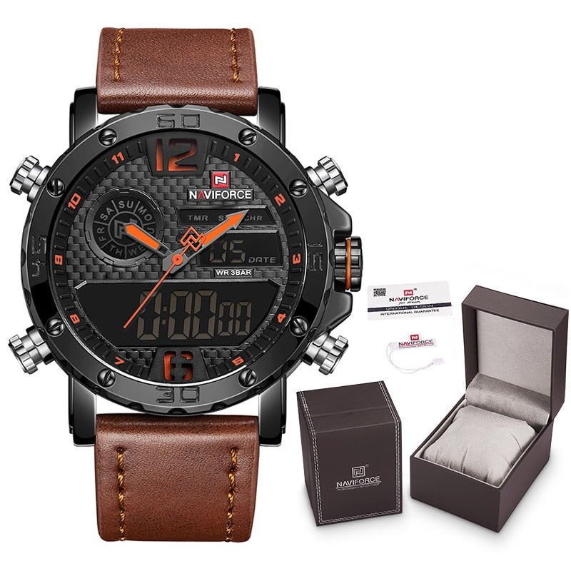 Mens Watches To Luxury Brand Men Leather Sports Watches NAVIFORCE Men&#39;s Quartz LED Digital Clock Waterproof Military Wrist Watch - Executive-Skincare