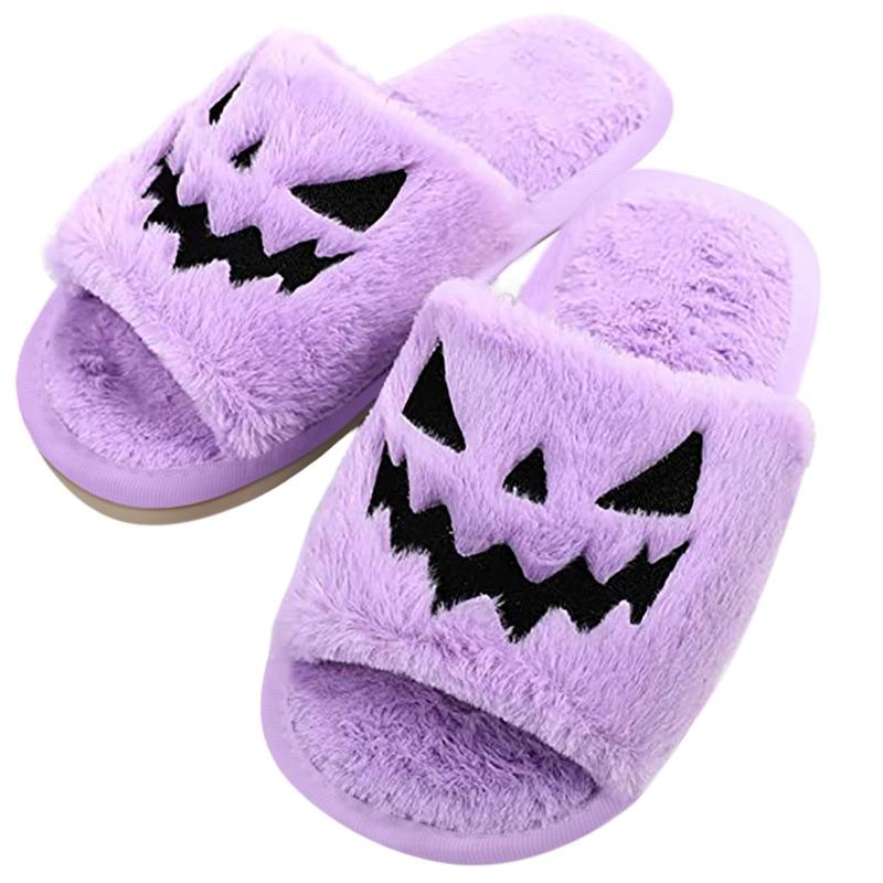 Halloween Pumpkin Fuzzy Slippers Soft Plush Cozy Open Toe Women Slides - Executive-Skincare