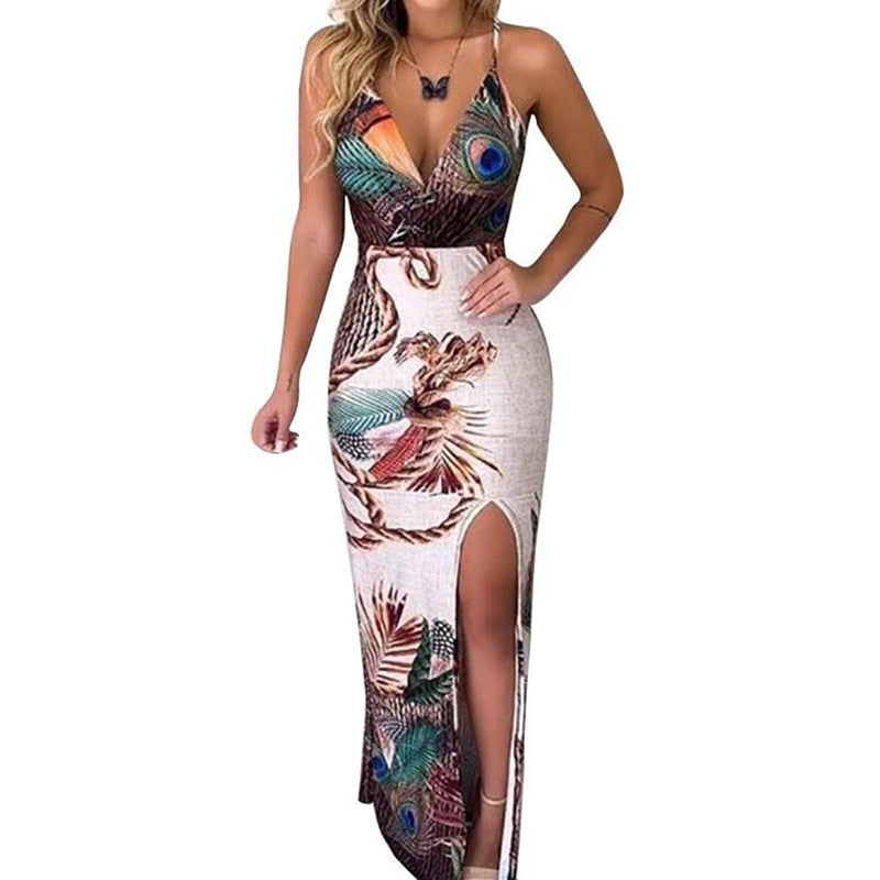 Hirigin Boho Floral Women Dress Sexy Ladies Sleeveless Bodycon Prom Evening Party Summer Beach Casual Long Sundress - Executive-Skincare