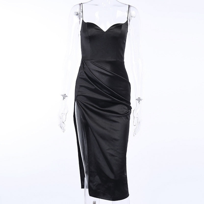 WannaThis Black Silk Dress Women Sexy V-Neck Sleeveless Hight Split Hem Knee-Length Strap Dress Slim Summer Party Dresses Women - Executive-Skincare