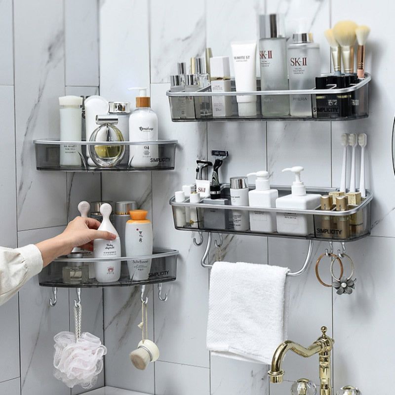 Punch-free Bathroom Shelf Shampoo Cosmetic Towel Storage Rack Organizer Bath Corner Holder Household Items Bathroom Accessories - Executive-Skincare