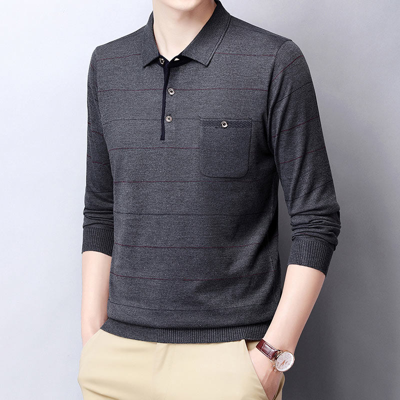 2022 Pocket Long Sleeve Polo Tee Shirt Men Casual Striped Men&#39;s Clothing Polos Shirts Mens Fashion Slim Fit Poloshirt Tops 4600 - Executive-Skincare