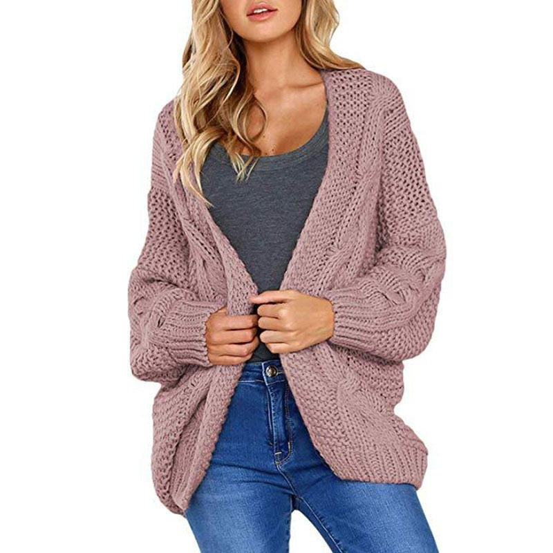 2021 spring and autumn new thick needle twist knit cardigan women&#39;s mid-length solid color casual loose coat cardigan - Executive-Skincare