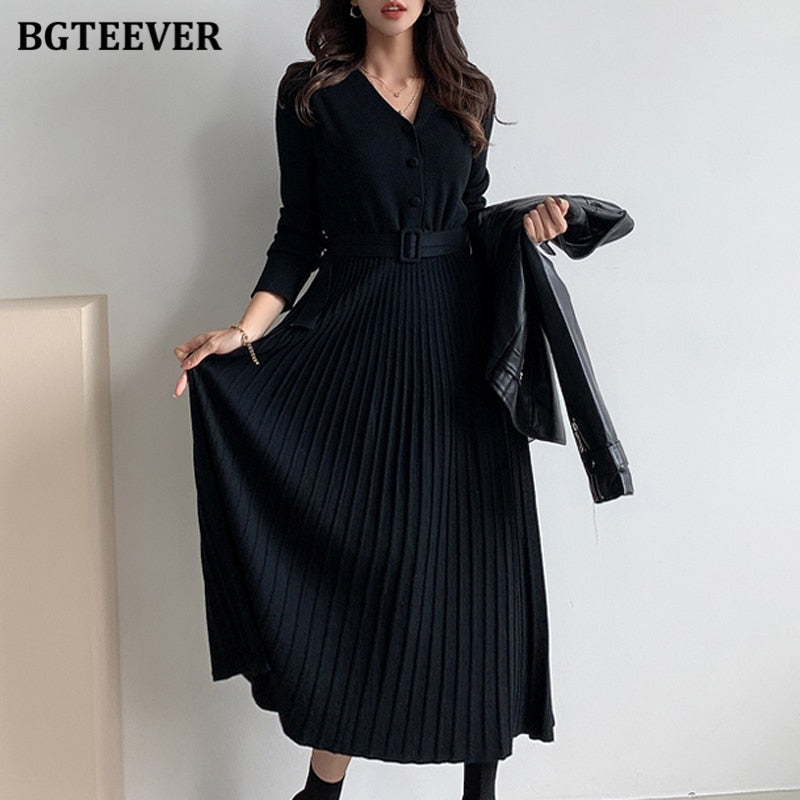 BGTEEVER Elegant V-neck Single-breasted Women Thicken Sweater Dress 2021 Autumn Winter Knitted Belted Female A-line soft dresses - Executive-Skincare