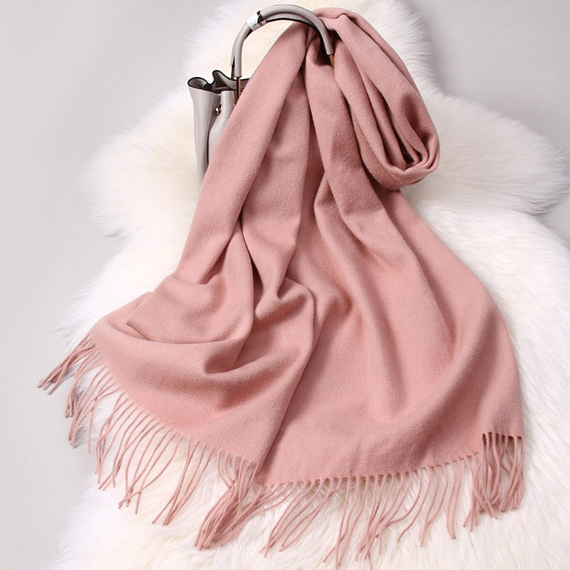 Winter 100% Pure Wool Scarf Neck Warmer Women Echarpe Wrap with Tassel Pashmina Foulard Femme Merino Cashmere Scarves for Ladies - Executive-Skincare