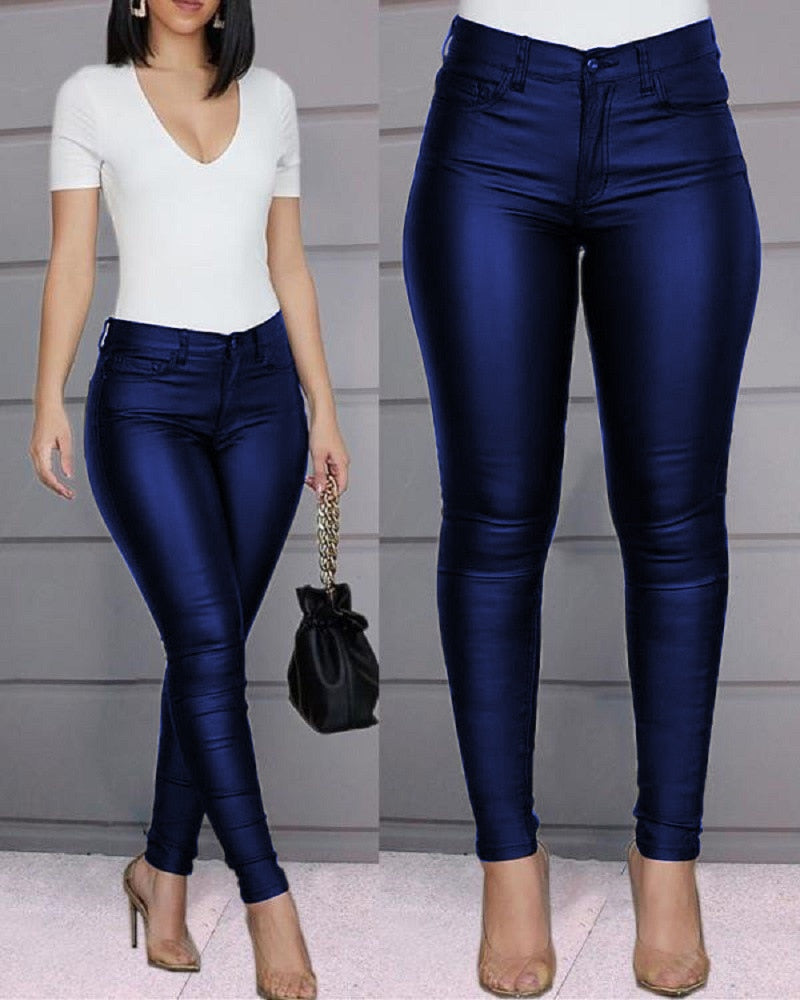 Pure Color Leather Casual Pants Small Feet Pants Spring Women Pu Leather Pants Black Sexy Stretch Bodycon Leather Pants High Red - Executive-Skincare