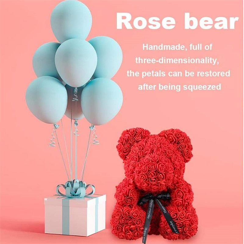 Rose Bear 25cm Artificial Flowers Rose Bear With Light Gift Box Girlfriend Anniversary Christmas Valentines Gift For Wedding - Executive-Skincare